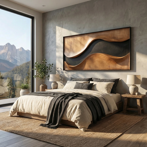 Sculptural Wood Wall Art Panel with Black Wave