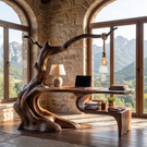 Solid Wood Organic Desk Sculptural Tree Inspired Workspace with Hanging Lamp Modern Writing Table