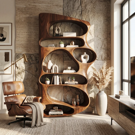 Wall Mounted Sculptural Wood Shelf with Flowing Open Niches