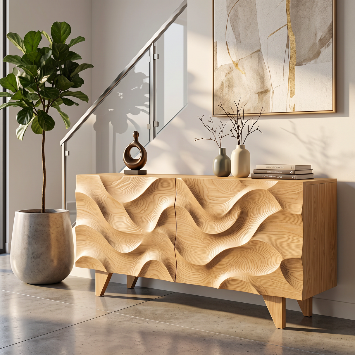 Sideboard Solid Wood with Sculptural Wave Carved Doors for Living Room Decor