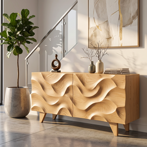 Sideboard Solid Wood with Sculptural Wave Carved Doors for Living Room Decor