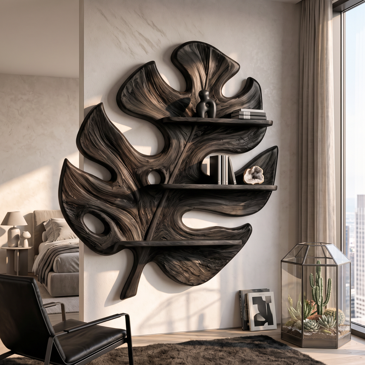 Tropical Leaf Solid Wood Wall Shelf with Sculptural Botanical Design
