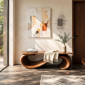 Organic Wood Bench with Sculptural Loop Base for Modern Interiors