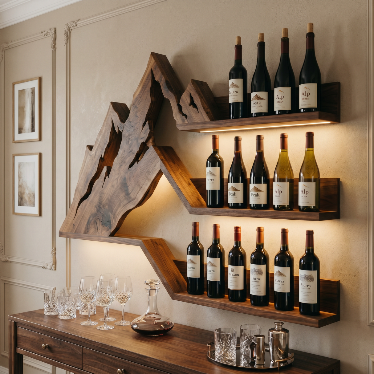 Mountain Range Inspired Solid Wood Wine Rack Wall Shelf