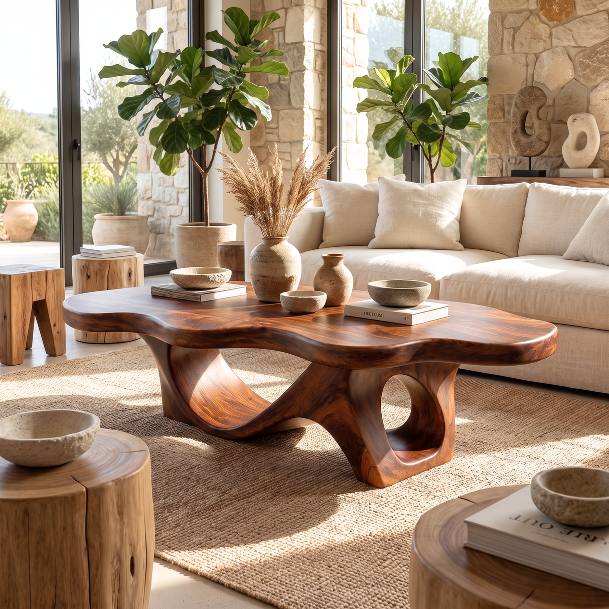 Coffee Table Solid Wood with Sculptural Double Loop Base for Living Room