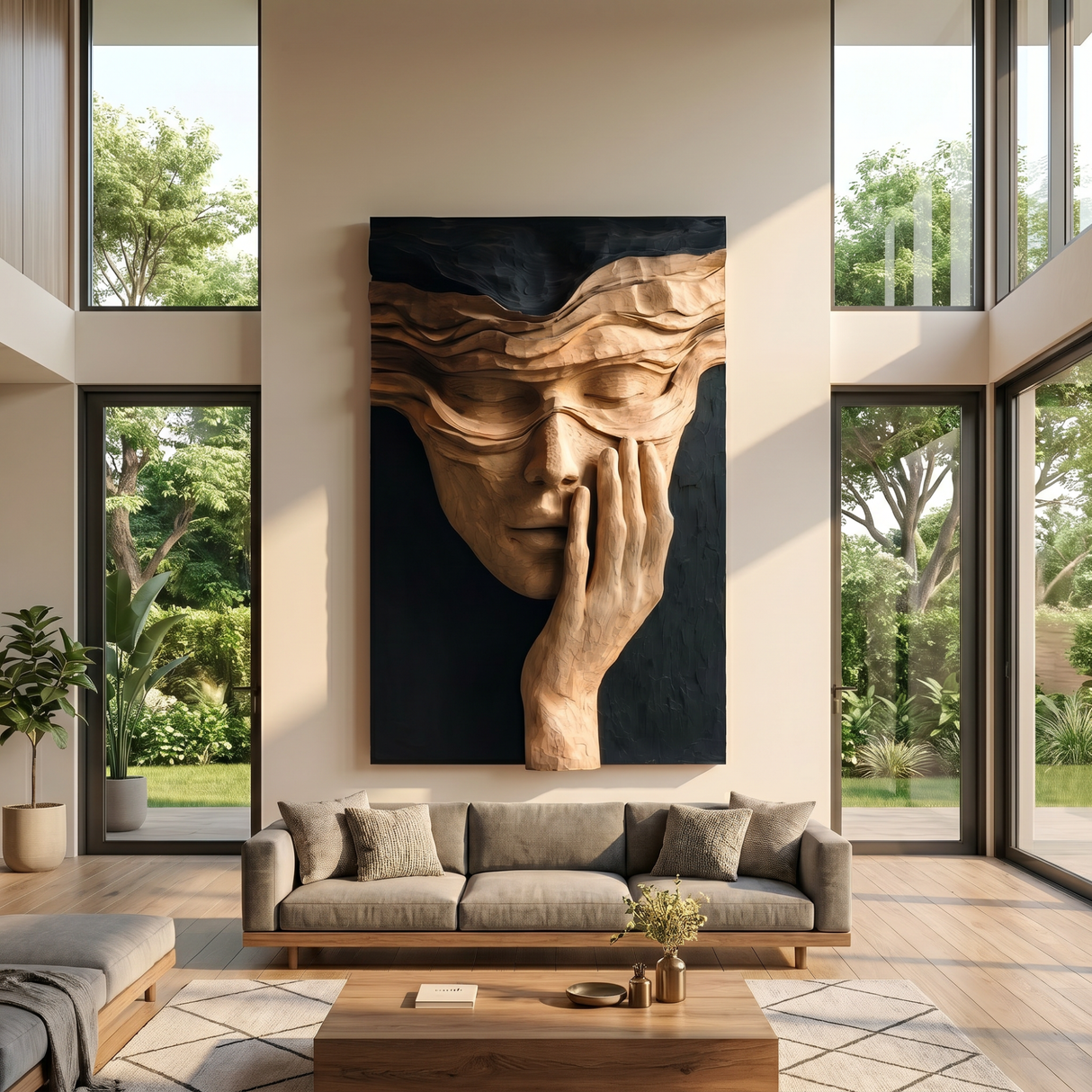 Veiled Face Wood Wall Art with Hand Detail