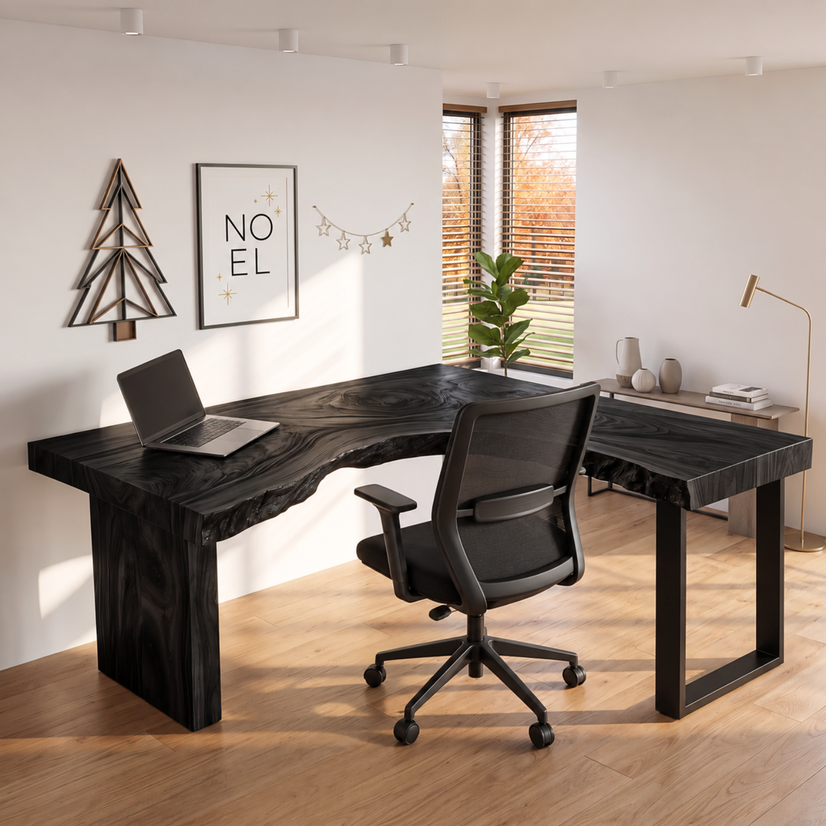 Live Edge Solid Wood L Shaped Desk with Wood Panel and Black Metal Leg