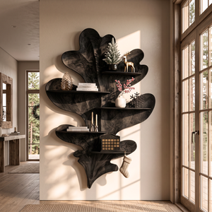 Sculptural Leaf Solid Wood Wall Shelf with Organic Botanical Display Design