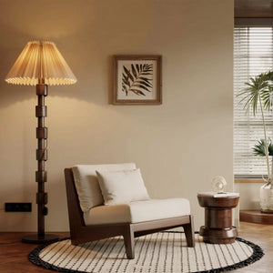Mid Century Wooden Floor Lamp with Pleated Shade Handmade Solid Wood Standing Lamp