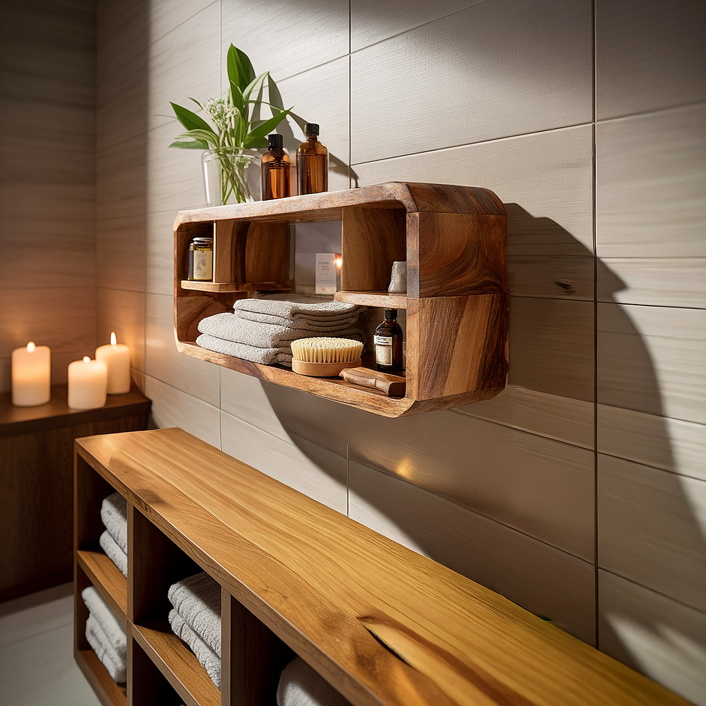 Curved Solid Wood Wall Cabinet Shelf for Modern Bath