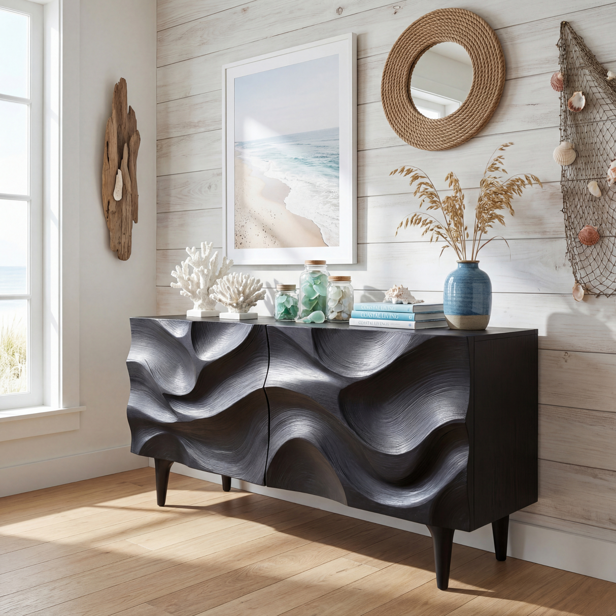 Sculpted Black Wave Front Wood Sideboard Cabinet for Living Room and Dining Room