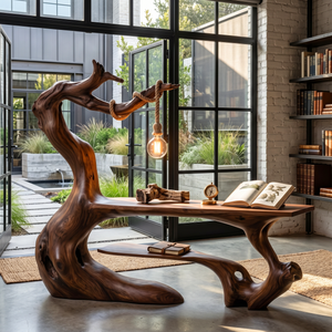 Organic Wood Desk With Hanging Lamp Sculptural Modern Workspace Furniture