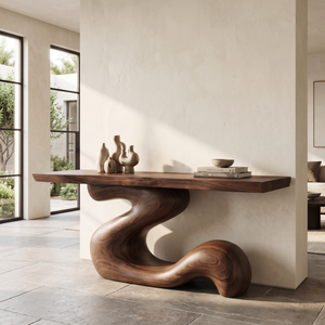 Console Table Solid Wood with Sculptural S Curve Base for Entryway Decor