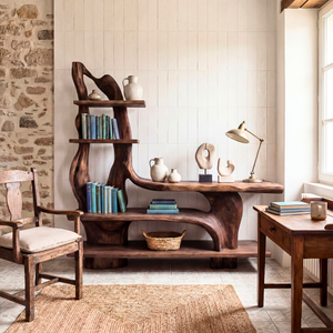 Artistic Solid Wood Console Table with Sculptural Base and Tiered Display Shelves Organic Freeform Console Table