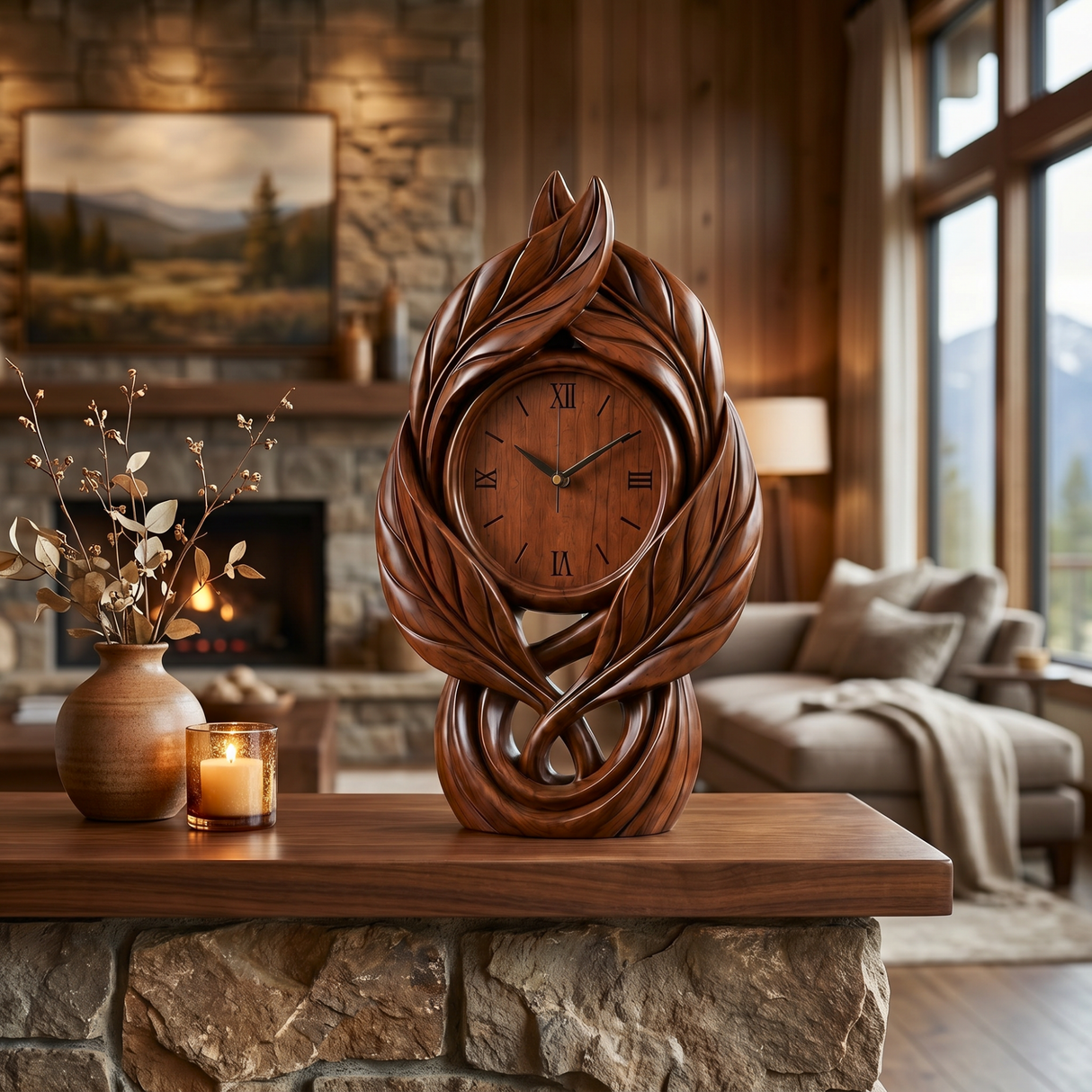 Solid Wood Table Clock with Leaf-Inspired Sculptural Frame