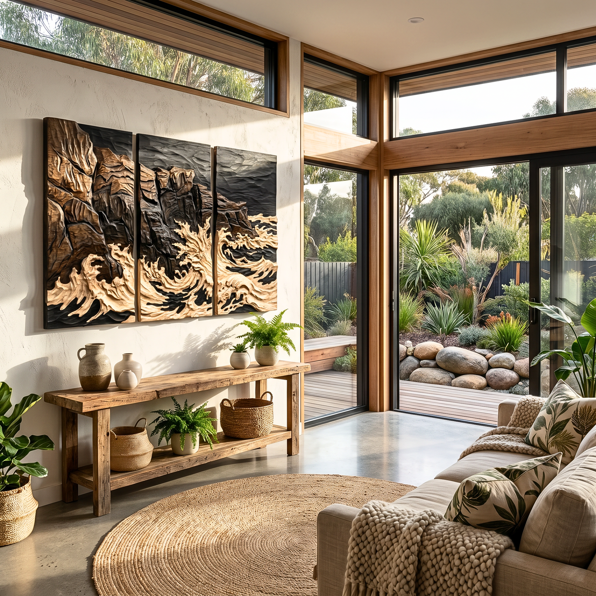 Hand-Carved Wood Triptych Wall Art with Ocean Wave Relief and Rocky Coast Design