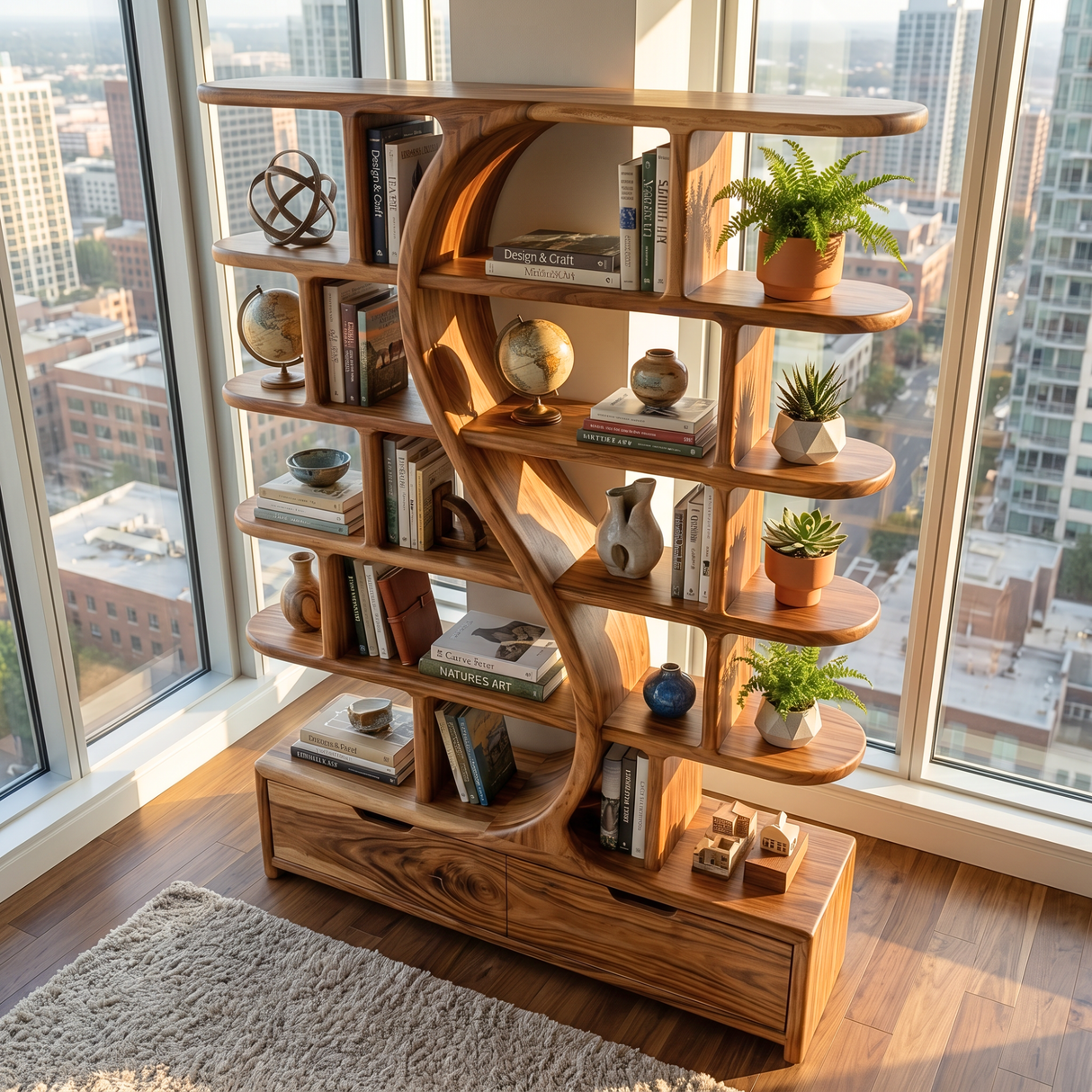 Organic Solid Wood Bookshelf with S Curve Divider and Base Drawers
