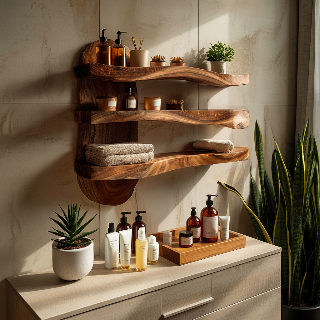 Sculpted Solid Wood Bathroom Wall Shelf Unit