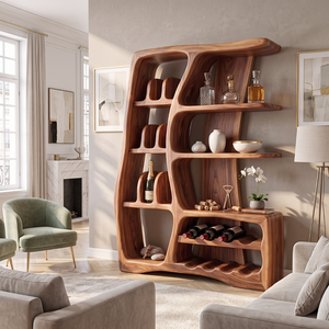 Solid Wood Wine Cabinet with Sculptural Open Shelves and Bottle Rack