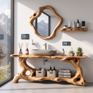 Bathroom Vanity Solid Wood with Organic Root Base and Open Shelf Storage