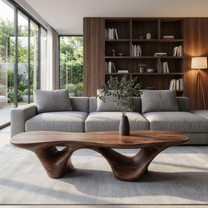 Coffee Table Solid Wood with Triple Hollow Sculptural Base for Living Room