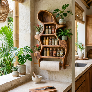 Organic Solid Wood Wall Spice Organizer with Plant Shelves and Towel Roll Holder