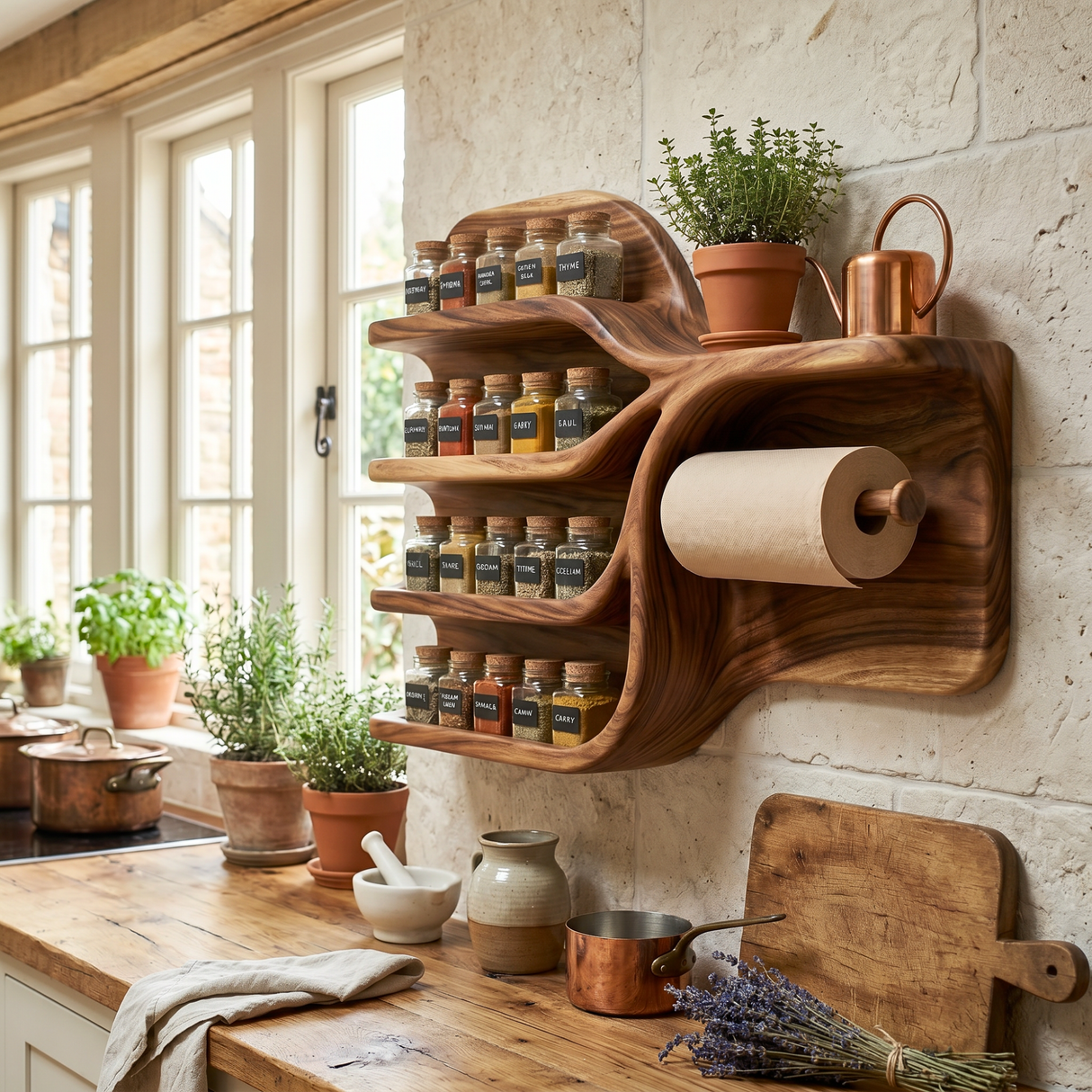 Handcrafted Solid Wood Kitchen Wall Organizer with Spice Shelves and Paper Towel Holder