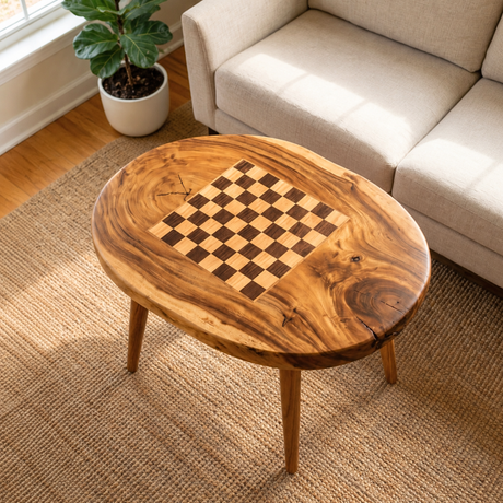 Handcrafted Solid Wood Chess Coffee Table with Freeform Top and Tapered Legs