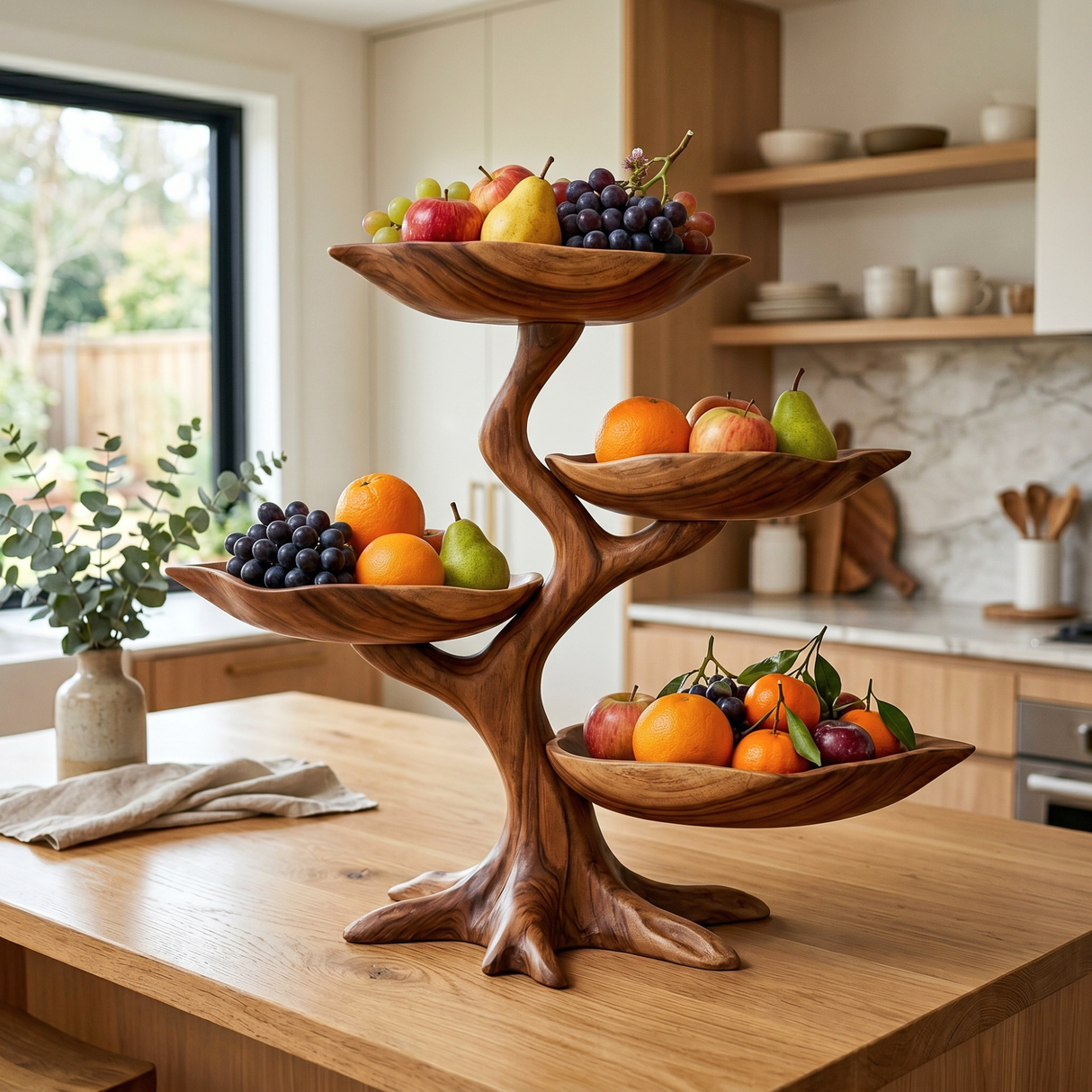 Solid Wood Four-Tier Fruit Display Stand with Sculptural Branch Base and Curved Bowl Trays