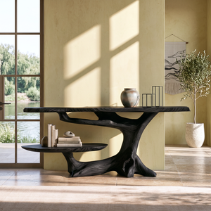 Handcrafted Solid Wood Console Table with Tree Root Base and Side Shelf