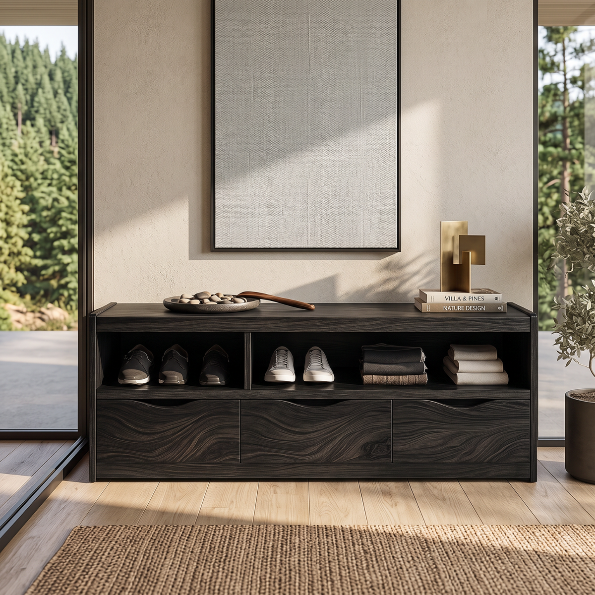 Modern Solid Wood Shoe Cabinet with Open Cubbies and Three Storage Drawers