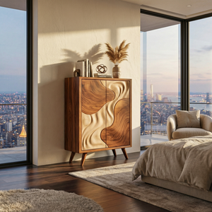 Solid Wood Sculptural Cabinet with Flowing Two-Tone Relief Doors for Modern Interiors