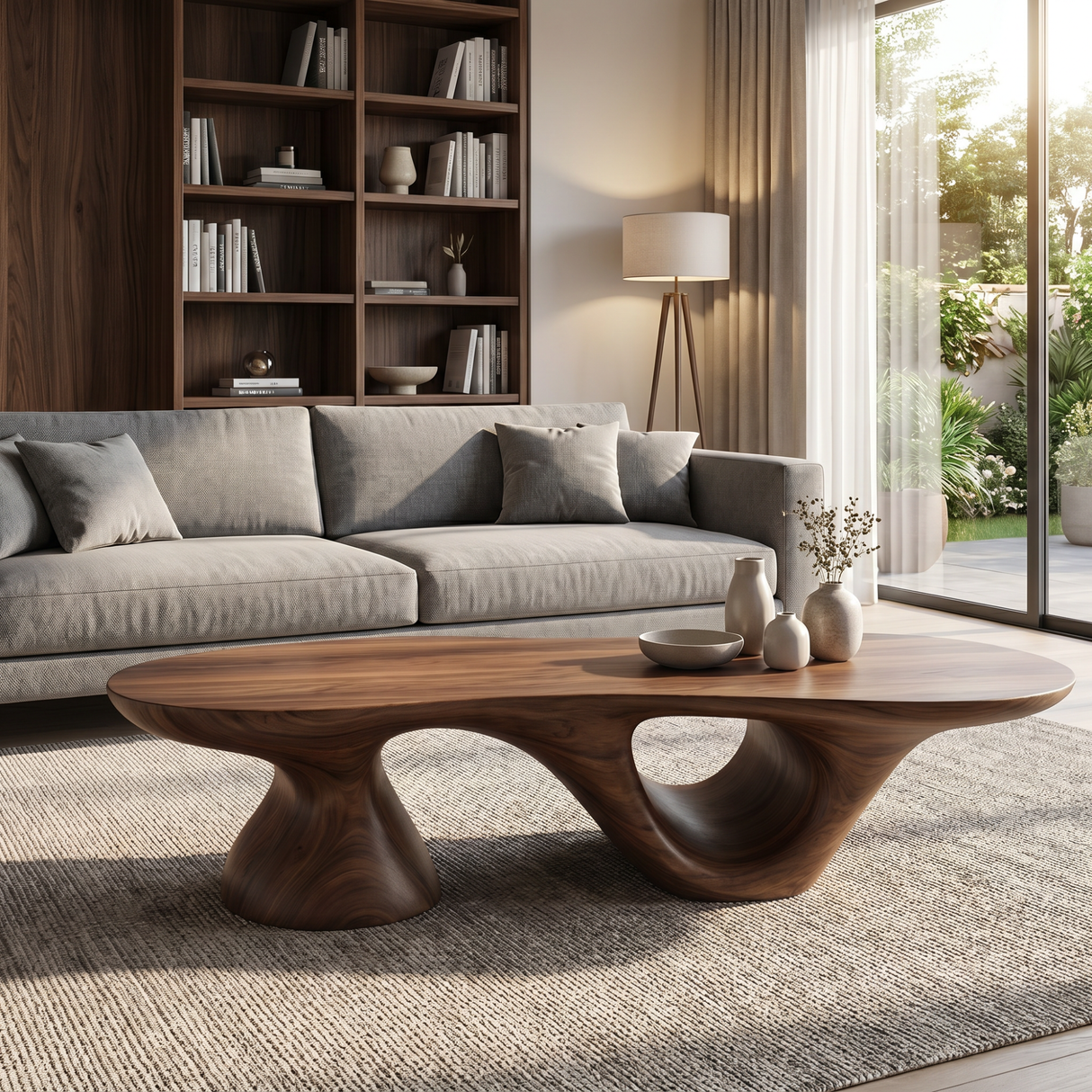 Solid Wood Coffee Table with Dual Sculptural Hollow Base