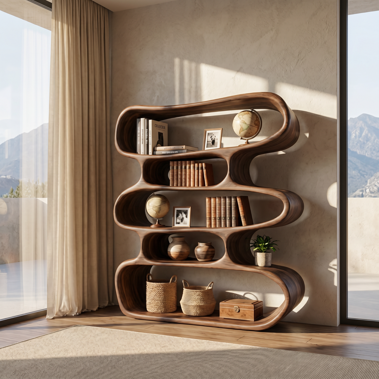 Organic Wavy Wooden Bookshelf Handmade Sculptural Solid Wood Modern Display Shelf