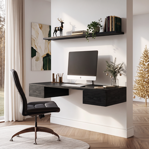 Wall Mounted Solid Wood Desk with Floating Drawers and Natural Wood Grain