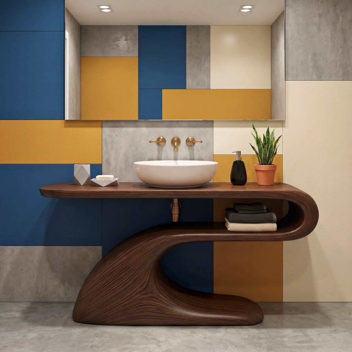 Modern Solid Wood Bathroom Vanity with Sculptural Curved Open Shelf