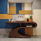 Modern Solid Wood Bathroom Vanity with Sculptural Curved Open Shelf