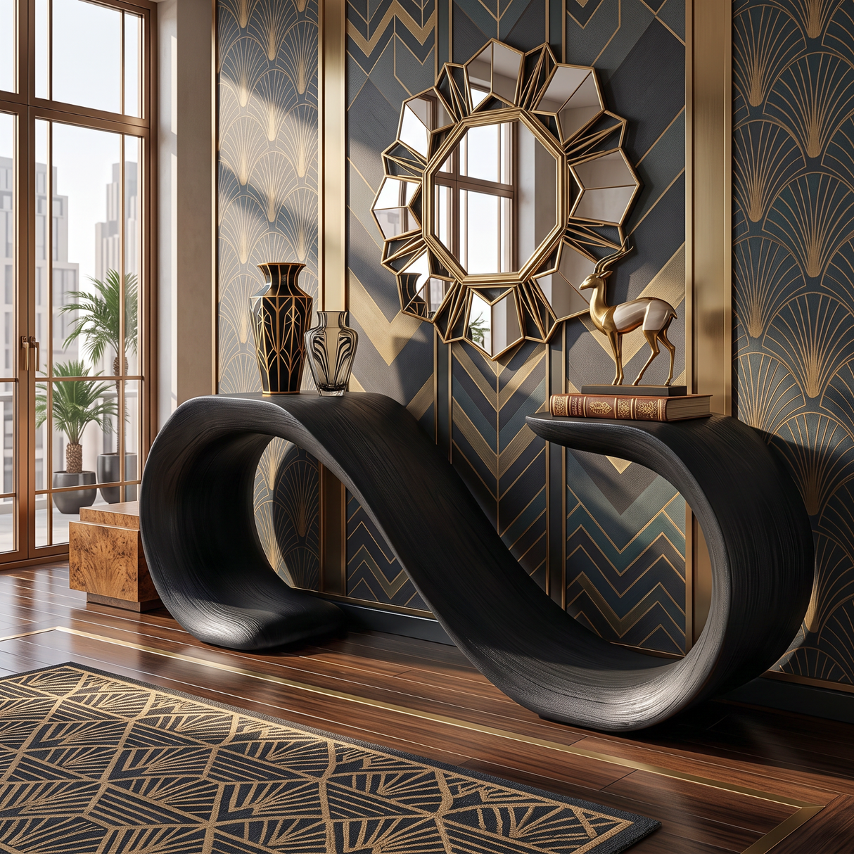 Solid Wood Console Table with Sculptural Double Loop Base for Entryway Decor