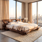 Sculptural Solid Wood Bed with Openwork Headboard and Low Platform Base