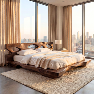 Sculptural Solid Wood Bed with Openwork Headboard and Low Platform Base