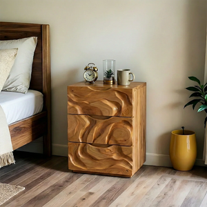 Sculptural Solid Wood Bedside Cabinet with Carved Texture