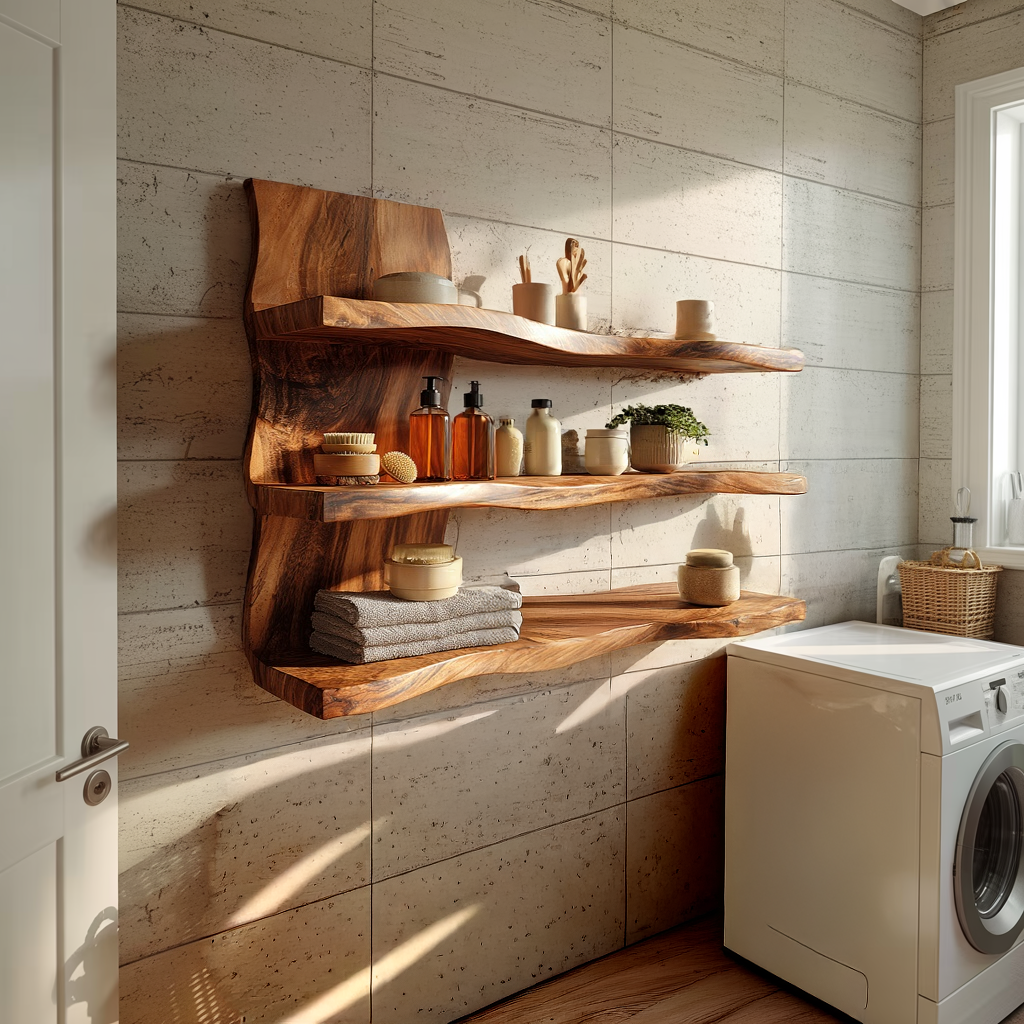 Live Edge Solid Wood Wall Shelves for Organic Modern Bath