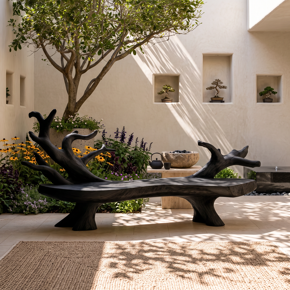 Outdoor Solid Wood Bench with Sculptural Branch Backrest