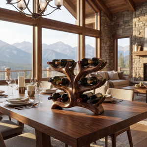 Tree Form Solid Wood Wine Rack Sculptural Multi Level Bottle Holder for Tabletop Storage