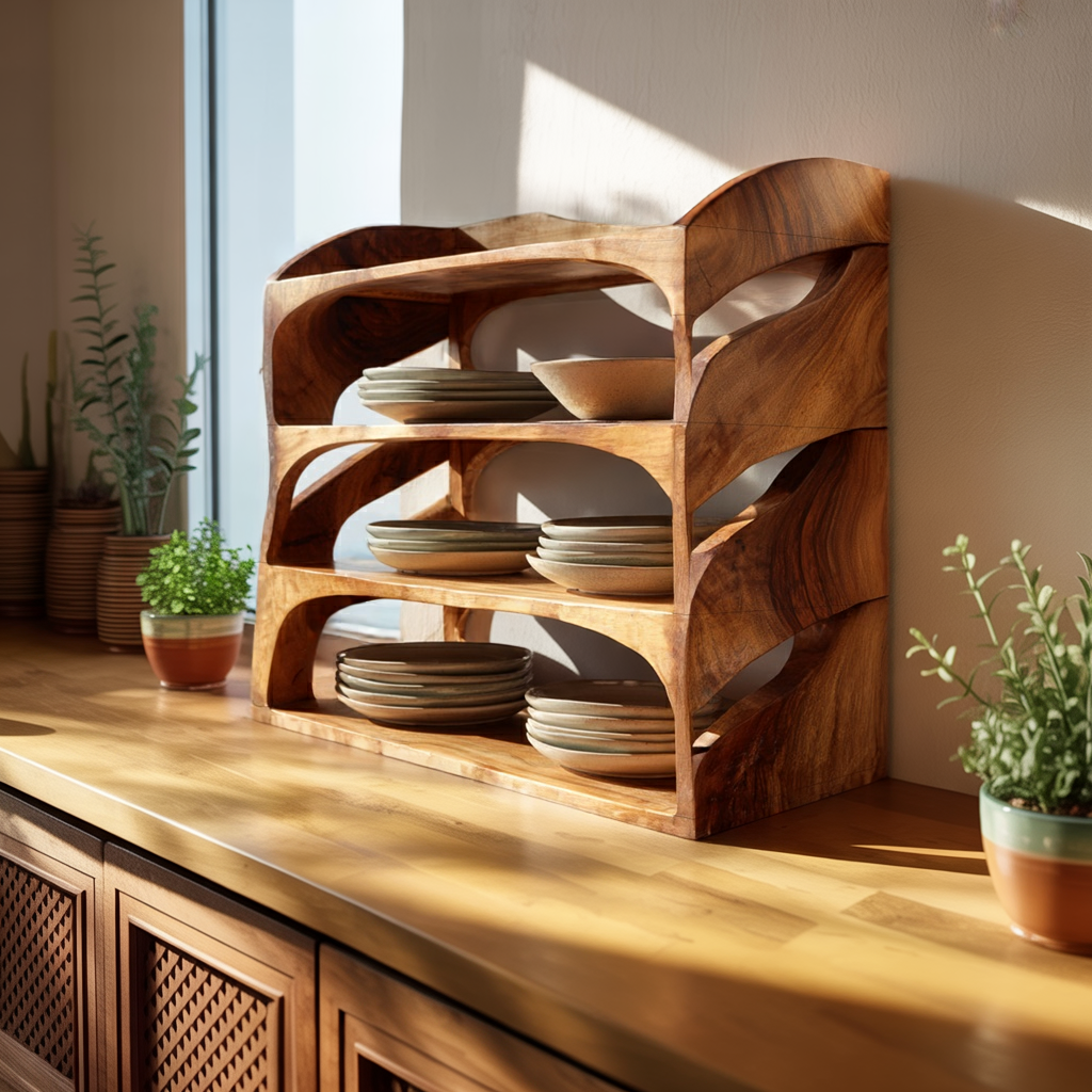 Sculptural Solid Wood Kitchen Counter Storage Shelf