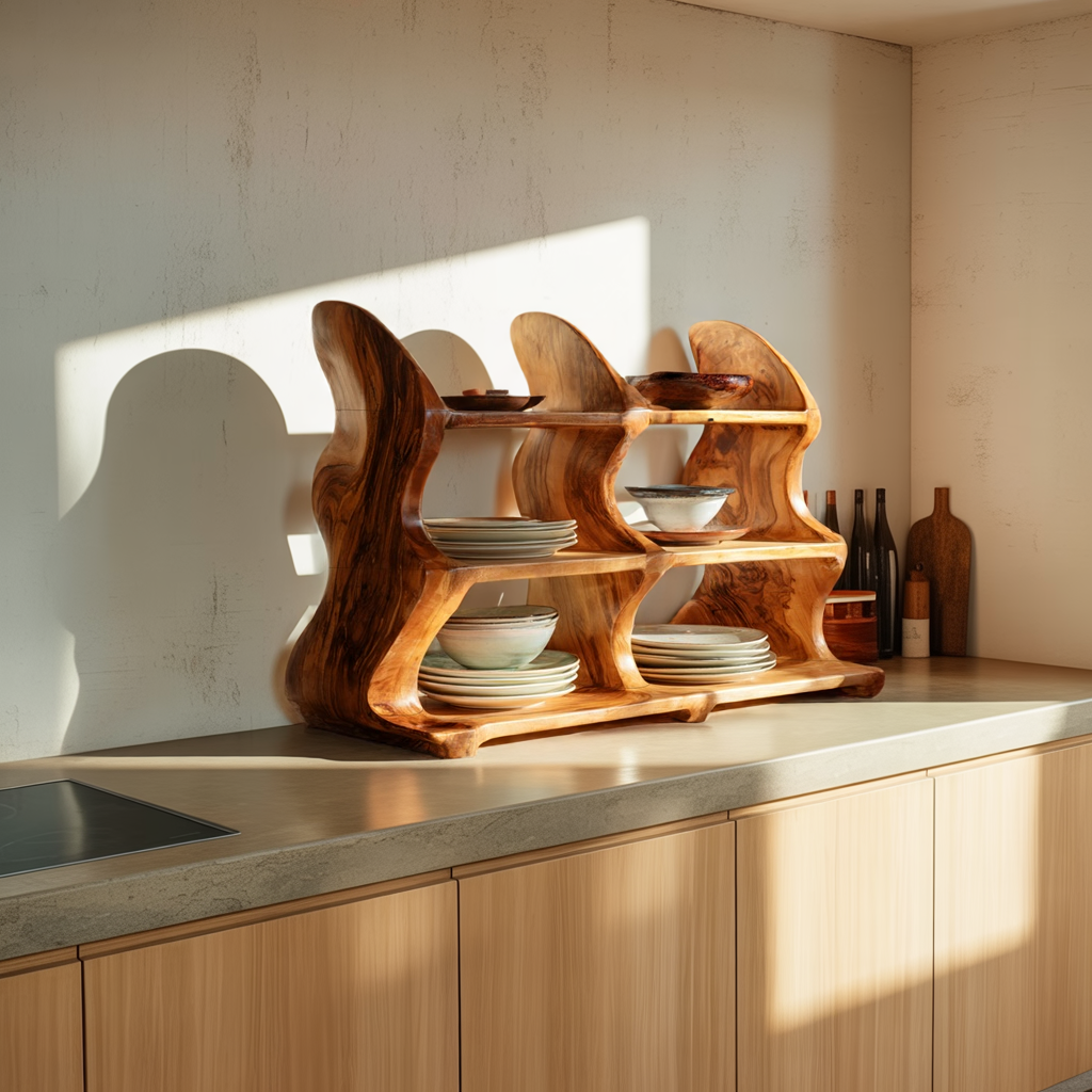 Handcrafted Solid Wood Dish Organizer Shelf for Kitchen Counter