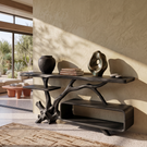 Console Table Solid Wood with Sculptural Branch Base and Open Storage Shelf