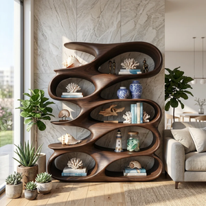Abstract Loop Wood Display Shelf with Flowing Open Compartments