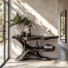 Handcrafted Live Edge Console Table with Sculptural Branch Base and Display Shelf