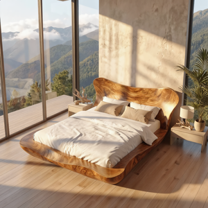 Sculptural Solid Wood Bed Frame with Curved Headboard for Modern Bedroom